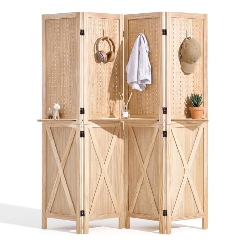 Wood Room Divider Pegboard Folding Privacy Screen with Shelves - Natural Finish