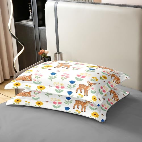 Colorful Botanical Deer Duvet Cover Set Queen with Zipper Closure - Butter Yellow & Saffron Amber Variation - 3 Pieces