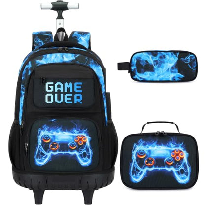 Kids Rolling Backpack Set with Lunch Bag & Pencil Case - Gamer Design, Durable & Water-Resistant, School & Travel Use