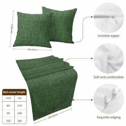 Queen Size Bed Runner with 2 Pillow Covers Green Linen Textured 83x20 - Vintage Style
