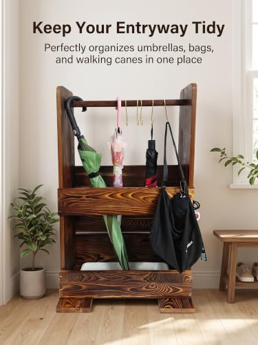 Vintage Charred Pine Wooden Umbrella Stand with 5 Hooks & Drip Tray - Entryway Organizer