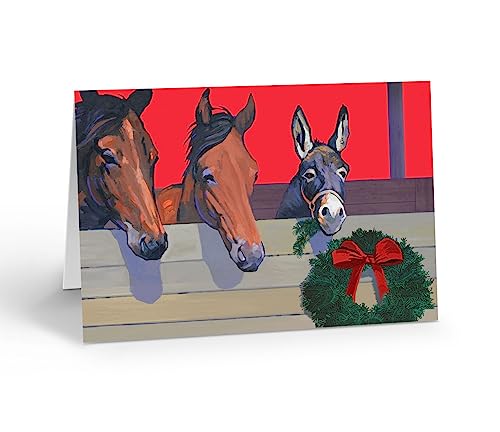 Horse and Donkey Christmas Greeting Cards Set - 18 Holiday Cards & Envelopes