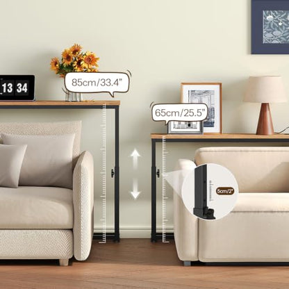 102.3 Inch Narrow Console Table Behind Couch with 5 Adjustable Heights, Built-in Charging Stations - Rustic Brown & Black