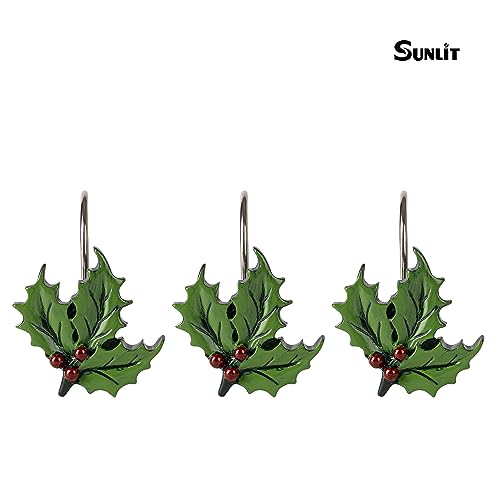 Sunlit Christmas Shower Curtain Hooks - Green Leaf Holiday Shower Rings Set of 12