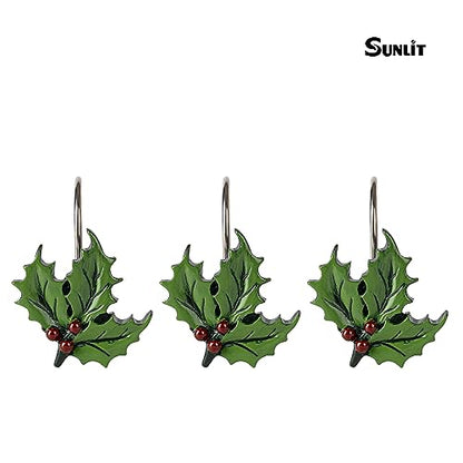 Sunlit Christmas Shower Curtain Hooks - Green Leaf Holiday Shower Rings Set of 12