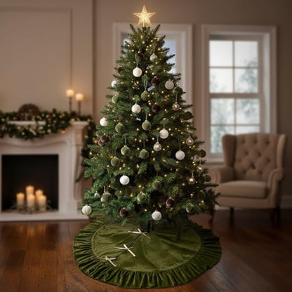 Velvet Christmas Tree Skirt 60 Inches Bow Style Olive Green - Holiday Decor