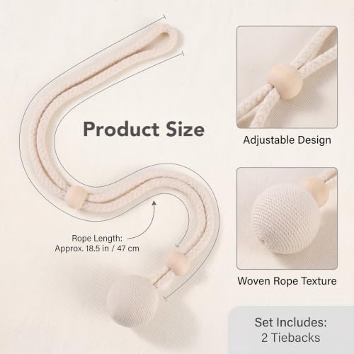 Adjustable Beige Curtain Tiebacks Rope Set for Window Decor, 2 Pack