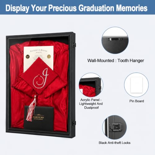 Graduation Shadow Box Frame with Lock - Small Black Wall Display, 17x23in