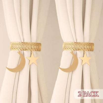 Metal Moon Star Curtain Tiebacks No Drill 2 Pack - Adjustable Spring Closure Decorative Holdbacks