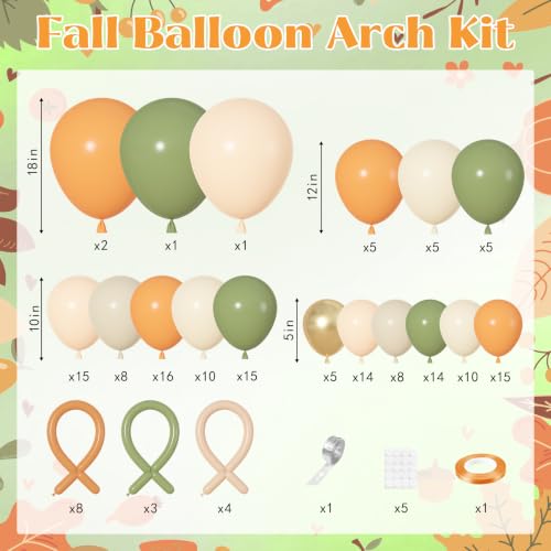 Sage Green Orange Balloons Garland Arch Kit - 164 Pcs Fall Party Decorations