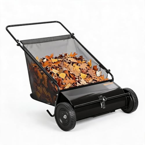 26-Inch Push Lawn Sweeper Leaf & Grass Collector Black with Stepless Height Adjustment