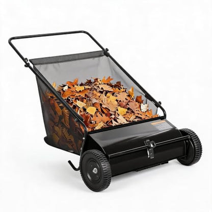 26-Inch Push Lawn Sweeper Leaf & Grass Collector Black with Stepless Height Adjustment