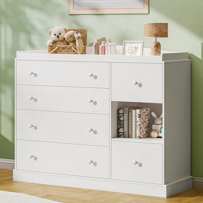 Kids Dresser Cabinet with 6 Drawers and Changing Table - Nursery Furniture, White