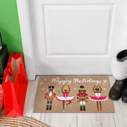 Christmas Nutcracker Doormat 32x20 Inch Holiday Welcome Rug - Happy Holidays Variation