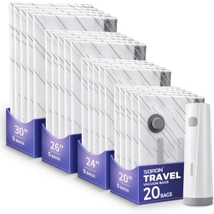 SORON Travel Vacuum Sealer Bags Set - 20 Pack with Rechargeable Pump, 4 Sizes