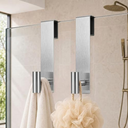 Brushed Silver Shower Glass Door Hooks 2 Pack for 3/8" Thick Frameless Glass