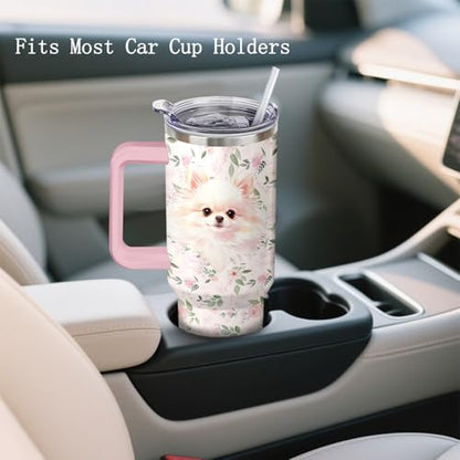 40oz Pomeranian Dog Tumbler with Handle and Straw - Insulated Stainless Steel Travel Mug for Dog Lovers - Birthday & Mother's Day Gift - Animal Lover Gift