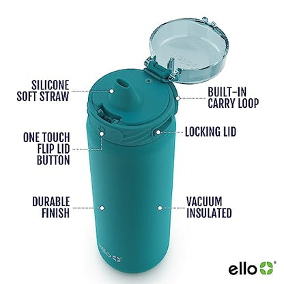 Ello Cooper 22oz Stainless Steel Water Bottle with Straw and Carry Handle, Double Walled and Vacuum Insulated Metal, Leak Proof Locking Lid with Soft Silicone Spout, Reusable, BPA Free, Antigua