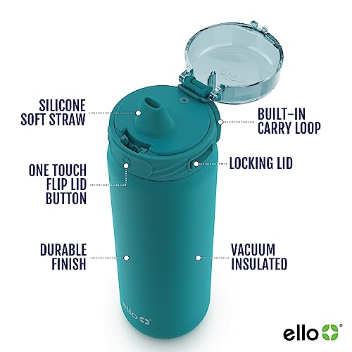 Ello Cooper 32oz Stainless Steel Water Bottle with Straw and Carry Handle, Double Walled and Vacuum Insulated Metal, Leak Proof Locking Lid with Soft Silicone Spout, Reusable, BPA Free, White