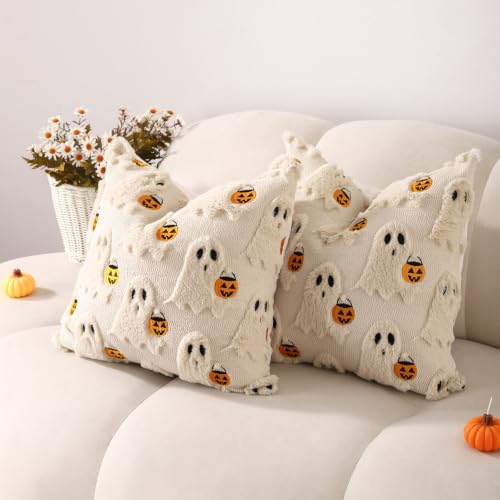 Beige Ghost Halloween Pillow Covers 18x18 Set of 2 - Cute Ghost Decor