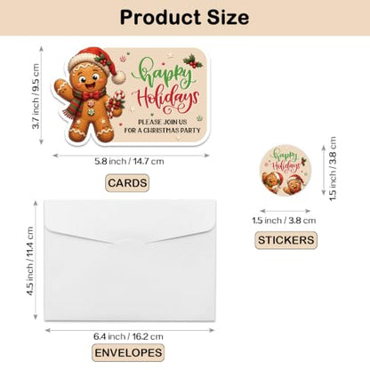 Christmas Party Invitations Set with Gingerbread Man Shaped Cards, Envelopes & Stickers