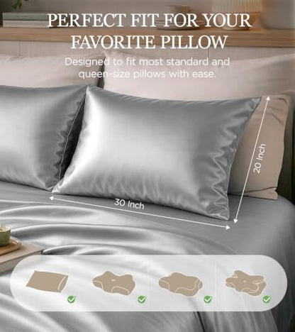 Pearl Gray Satin Queen Pillowcase 2 Pack - Gentle on Hair & Skin, Cooling & Soft