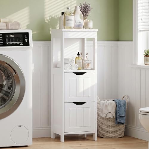 Small Bathroom Storage Cabinet with Drawers & Open Shelf - White - Space-Saving Narrow Design with Farmhouse Style