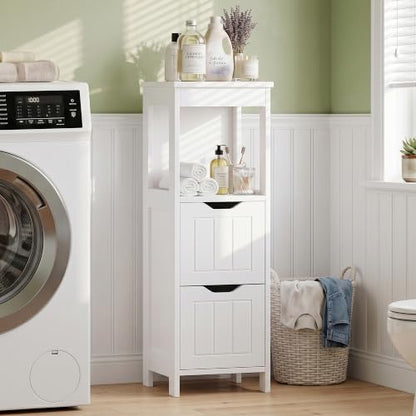 Small Bathroom Storage Cabinet with Drawers & Open Shelf - White - Space-Saving Narrow Design with Farmhouse Style