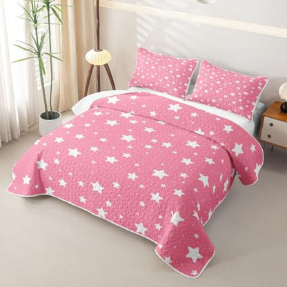 Pink Princess Breathable Cartoon Star Quilt Set - Full Size Kids Bedroom Bedspread