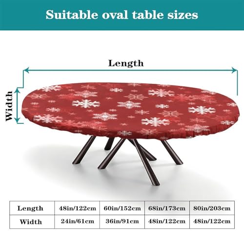 Christmas Snowflake Elastic Fitted Tablecloth - Red & White Xmas Oval Cover 48x68"