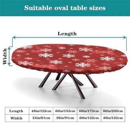Christmas Snowflake Elastic Fitted Tablecloth - Red & White Xmas Oval Cover 48x68"
