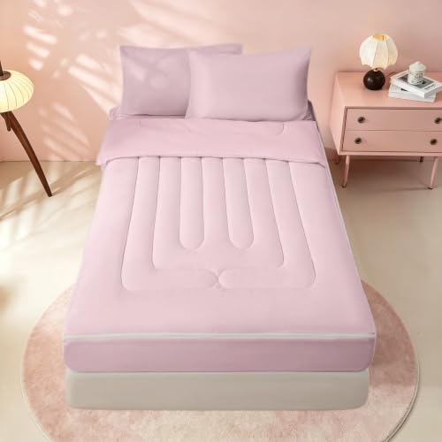 Pink Zipper Bedding Comforter Set - Full Size with Pillowcases & Fitted Sheet - Baby Pink
