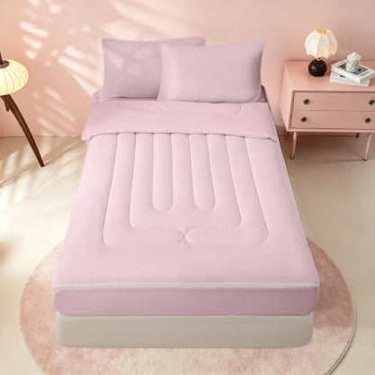 Pink Zipper Bedding Comforter Set - Full Size with Pillowcases & Fitted Sheet - Baby Pink