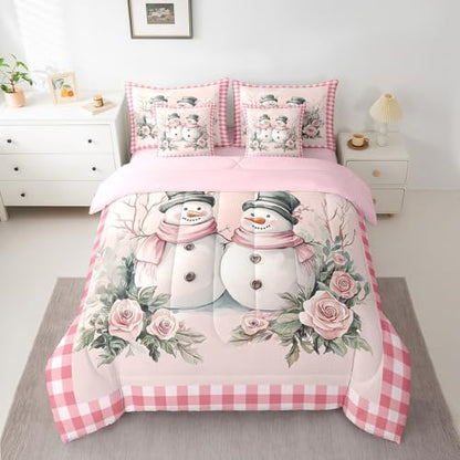 Pink Snowman Bedding Set Twin Size with Comforter and Sheets - Christmas Kids Room Decor