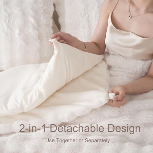 Queen Size Faux Rabbit Fur Comforter Set with Detachable Blanket - Cream White, 6 Pieces - Downcool