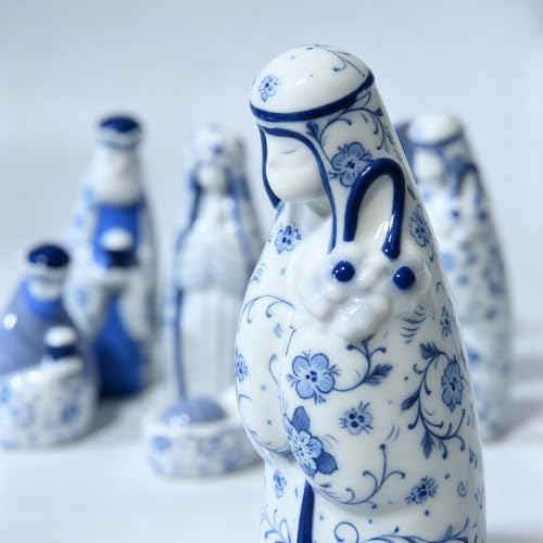 Chinoiserie Ceramic Nativity Set - Blue and White 7-Piece, 6 Inch Decorative Holiday Figurines