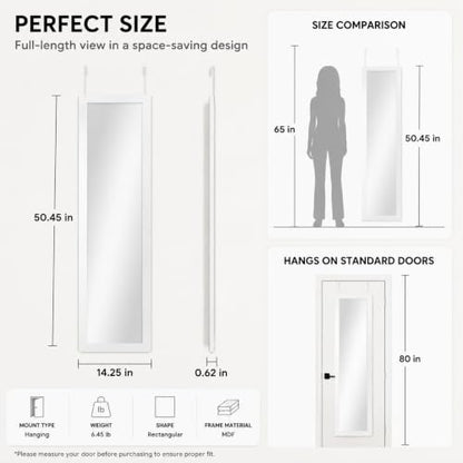 White Over Door Rectangular Mirror - 14.25 x 50.45 Inches, Modern Frame