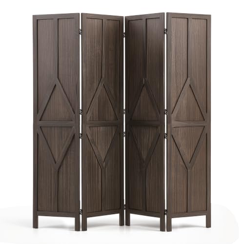 Wood Room Divider 4 Panels Folding Privacy Screen with Y Pattern - Sturdy Wood Partition