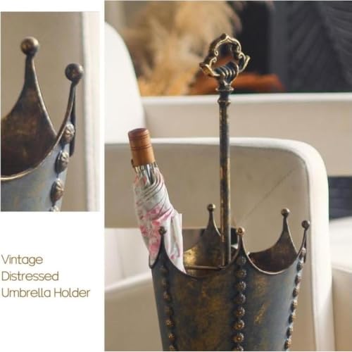 Vintage Metal Umbrella Stand with Crown Design - Rustic Antique Bronze Storage Rack