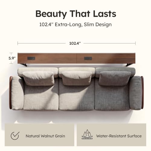 102.4-Inch Walnut Sofa Table with Charging Stations & LED Lighting - Adjustable Height