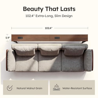 102.4-Inch Walnut Sofa Table with Charging Stations & LED Lighting - Adjustable Height