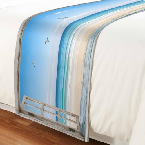 Blue Coastal Bed Runner for King Size Bed - 94x20 Inch Reversible Decorative Bed Throw Scarves