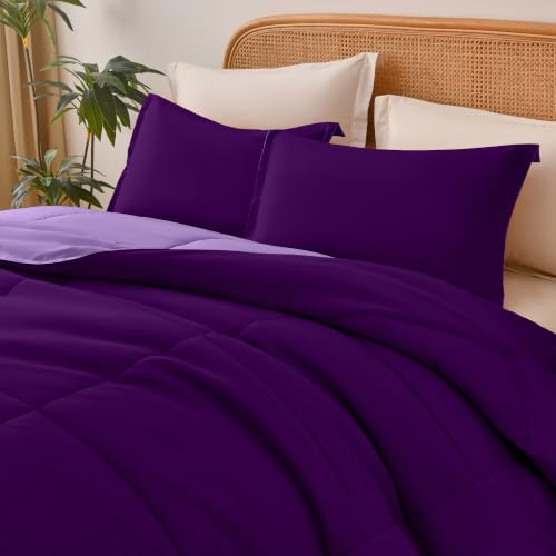 Queen Size Reversible Comforter Set 3 Pieces - Deep/Light Purple, 90x90 Inches, Ultra Soft All-Season Bedding