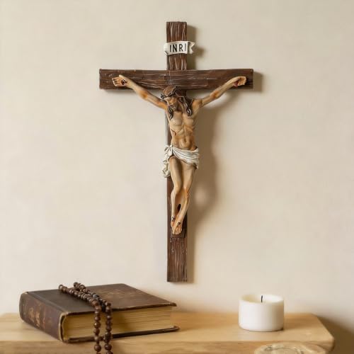 Catholic Wall Cross - Hand-Painted Jesus Christ Crucifix 9.5 Inch Wall Art