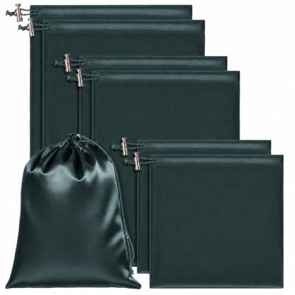 Dark Green Satin Toy Storage Bags 6 Pcs Drawstring Pouch Set in 3 Sizes