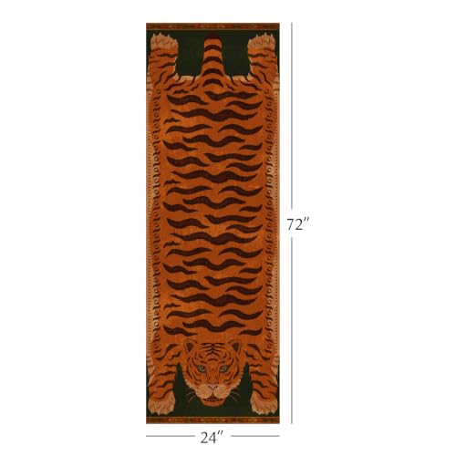 Vintage Tiger Runner Rug 2x6 - Washable Animal Print Entryway Carpet with Burnt Orange & Green Variation
