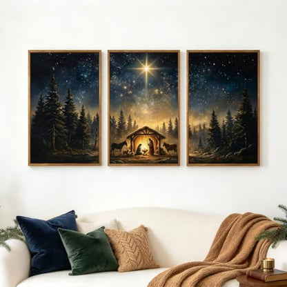 Large Framed Nativity Scene Canvas Wall Art - Christmas Holy Night Decor, 3 Pieces 24x35 Inches - Birth of Jesus Religious Wall Decor for Farmhouse & Church