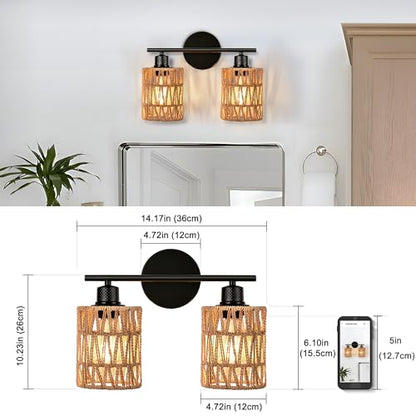 Merbotin 2 Light Rattan Vanity Light Boho Vanity Lighting Fixture Woven Bathroom Vanity Wall Light Coastal Tropical Bathroom Light, Rustic Natural Style Wall Mount Light for Bedroom Kitchen