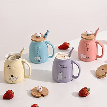 Cute Cat Mug Set of 4 with Lid & Fish Spoon - 15oz Kitchen Decor Gift