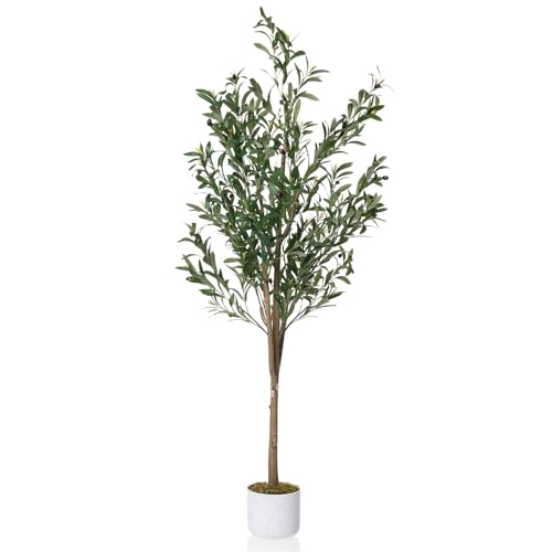 5Ft Artificial Olive Tree with White Planter - Realistic Faux Indoor Plant - Green-5ft